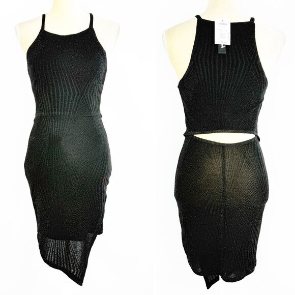 Speechless Dresses & Skirts - Speechless Black Bodycon Dress Small NWT Cutout Back Glitter Knit Sheer Hem
